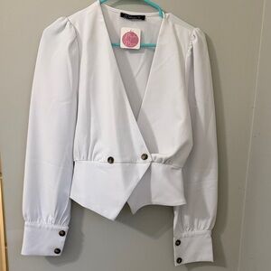 Simplee Apparel White Wrap-Front Puff Sleeve Blazer